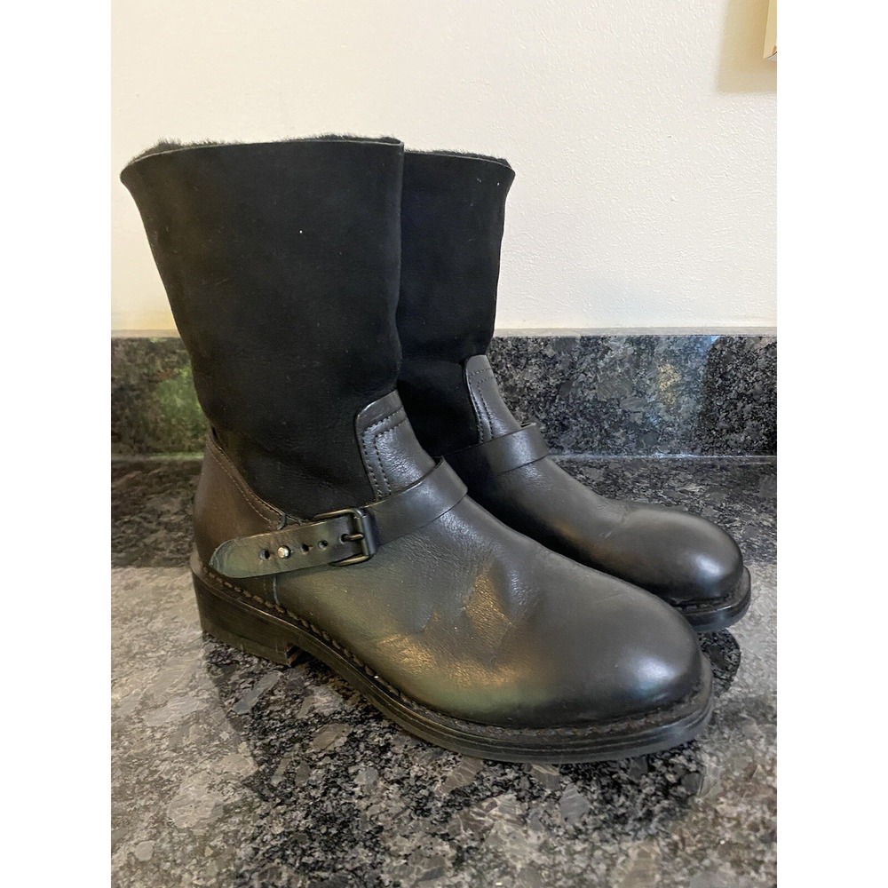 Rag & Bone Black Leather Fur Lined Moto Boots 37.5 7.5